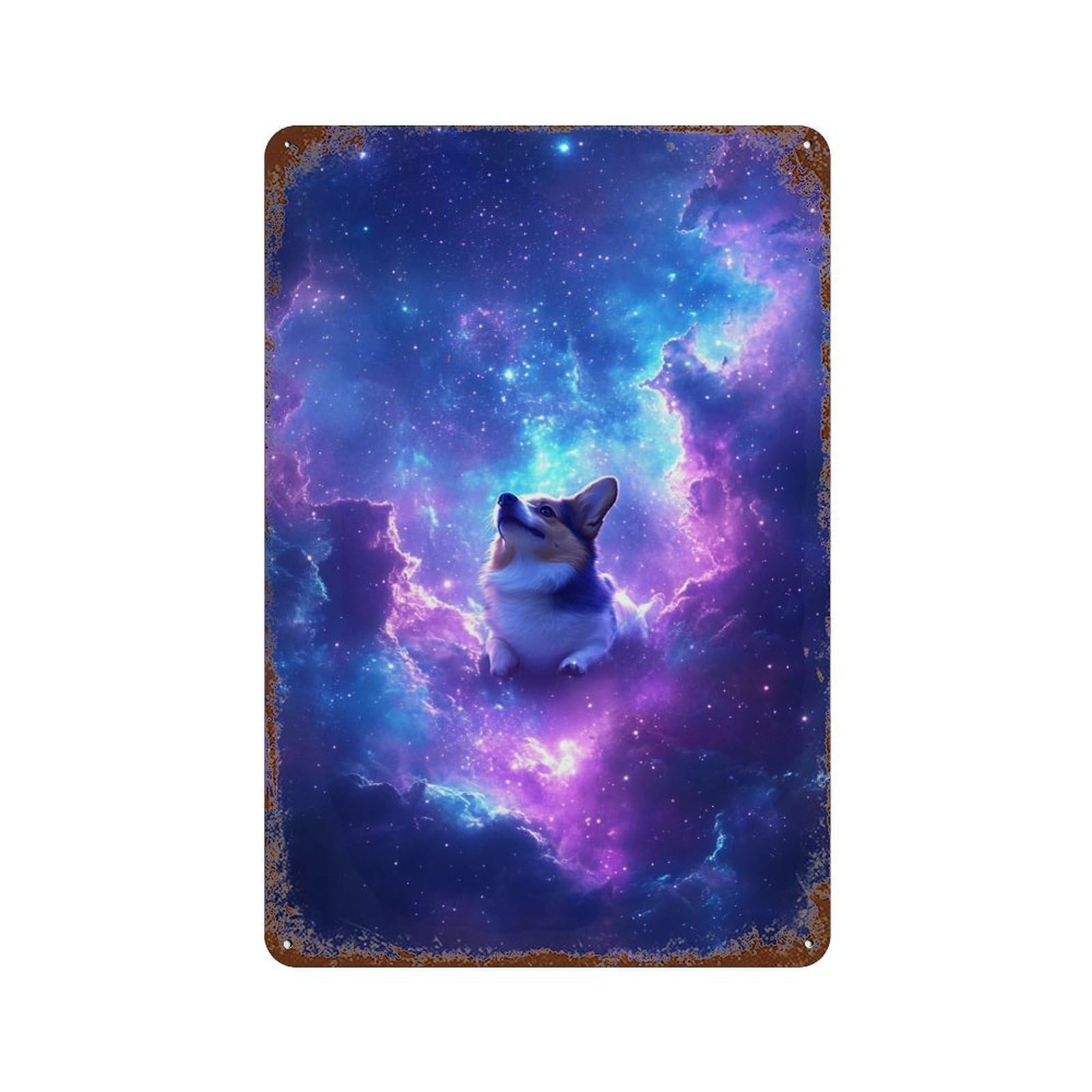 Corgi in Space Wallpaper Rust Effect Tin Sign 11.8"x7.9", for Farmhouse, Kitchen And Entryway Decor, Decorative Metal Wall Art