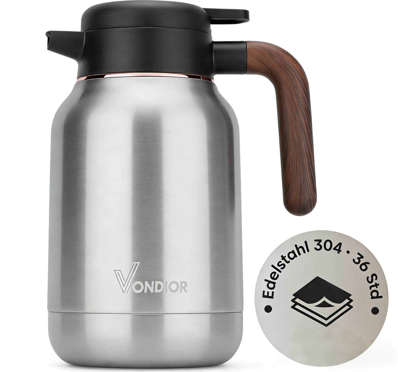 Vondior Thermoskanne 1L, Isolierkanne aus 304 Edelstahl, Vakuumkanne für 36 Stunden Heiß & Kalt, BPA-freier Getränkespender für Kaffee, Tee & Party