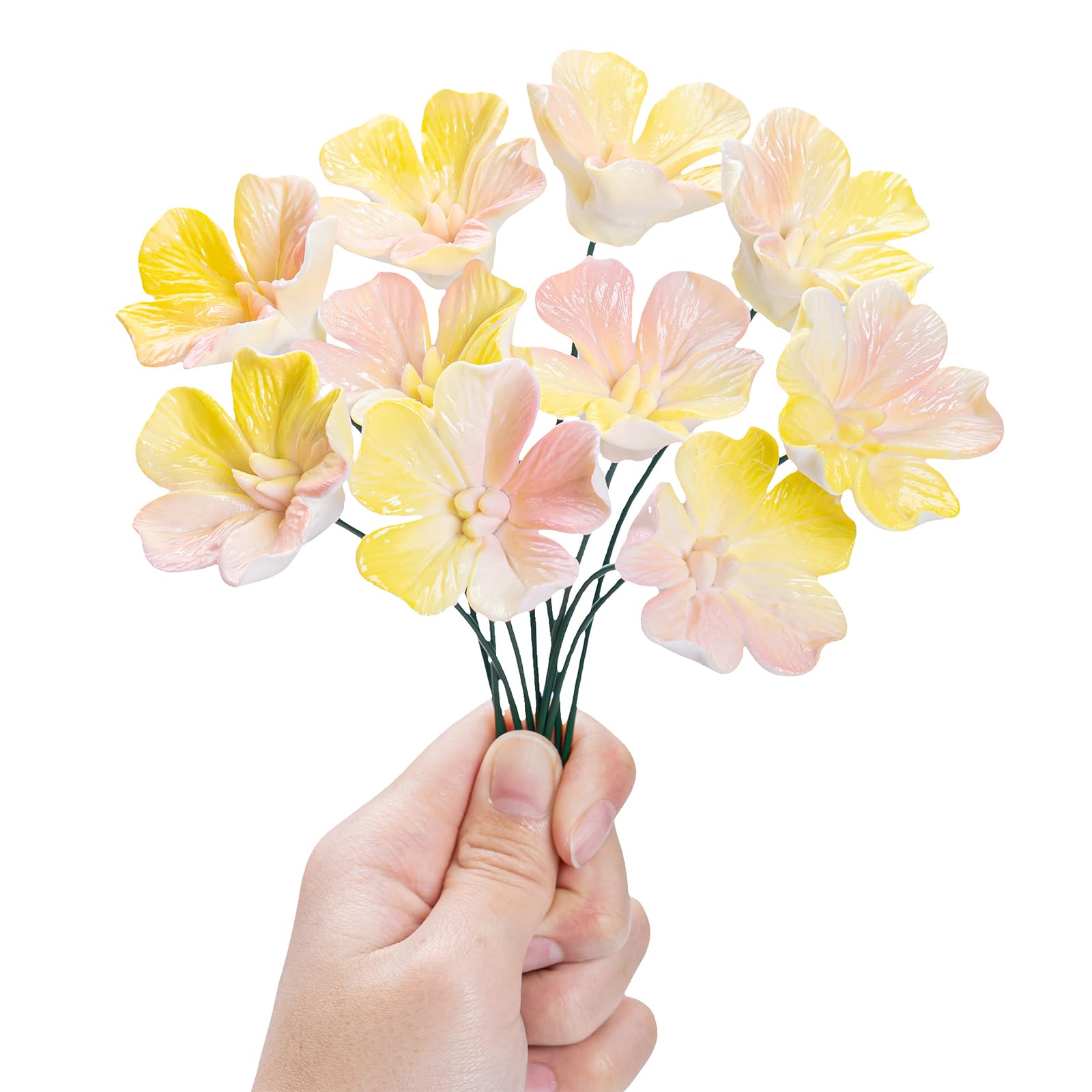 Ceramic Flowers Bouquest Artificial Flower Handmade Ceramic Flowers Simulated Bouquet Floral Decorations Creative Gifts for Floral Arrangements Home Decor (Pink-Yellow, Gradient flowers-10 stems)