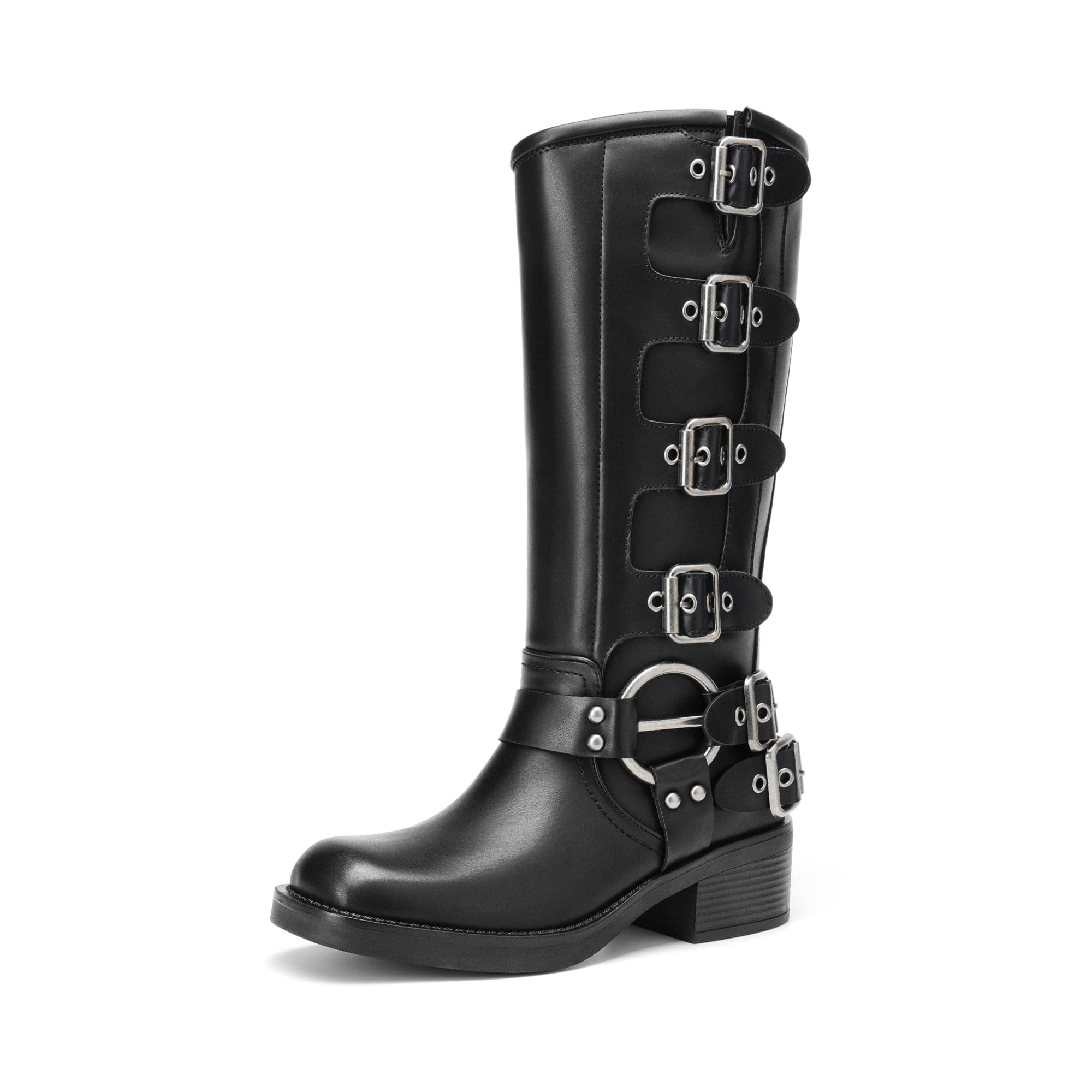 Women's Knee High Riding Boots Side Zipper Motorcycle Boots Square Toe Chunky Heel Fashion Buckles Biker Boots