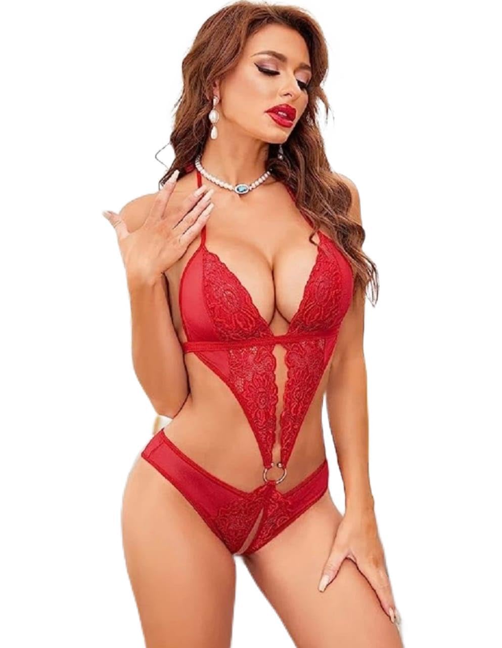 Lace Teddy Lingerie Set, Deep V-Neck Design with Metal Ring Detail-picture-26