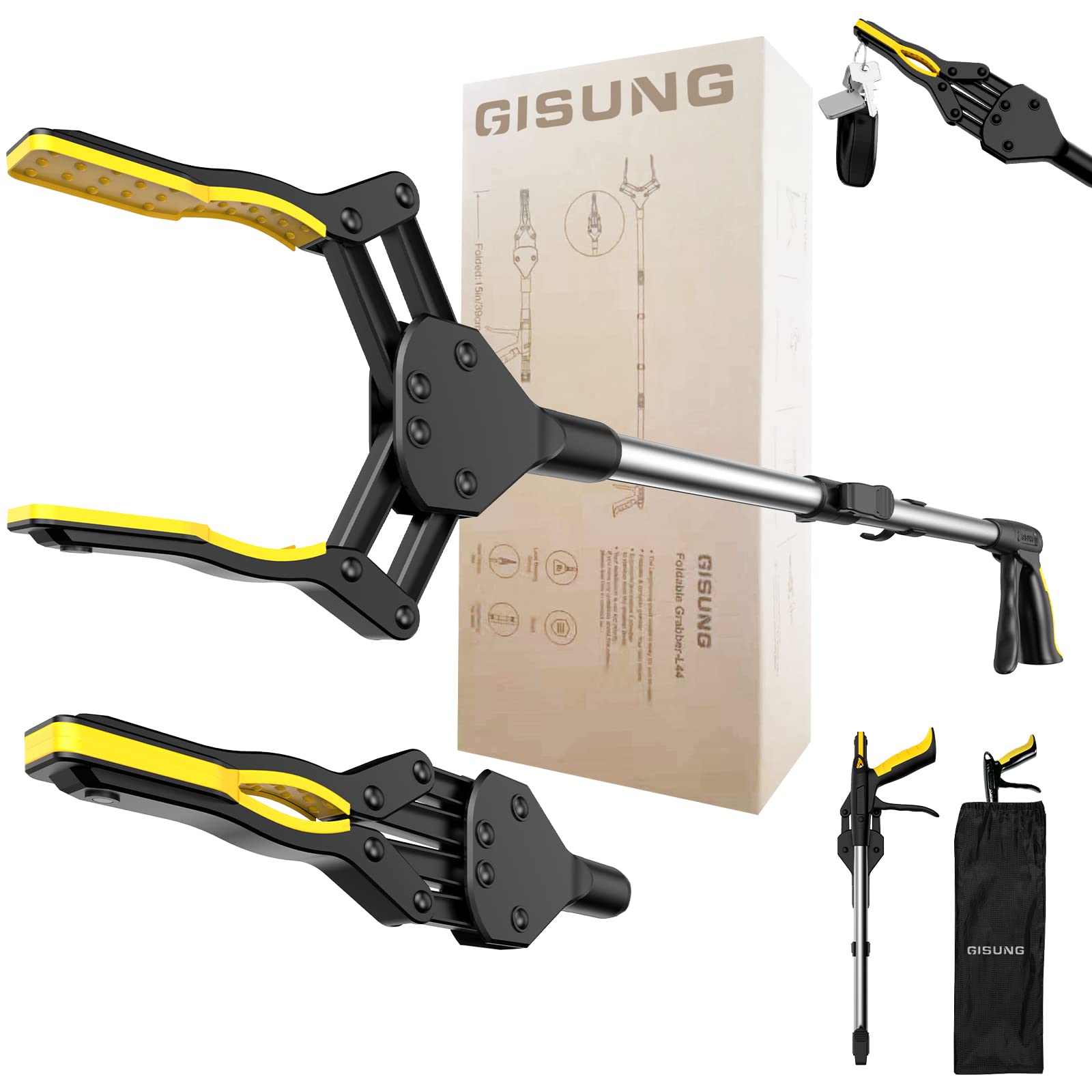 GISUNG 32" Grabber Tool: Foldable Grabbers for Elderly Grab It Reaching Tool with Upgraded Rotating Jaw & Storage Bag, Strong Magnetic Tip, Sturdy Reacher Grabber Pickup Tool for Trash Pickup, Aid