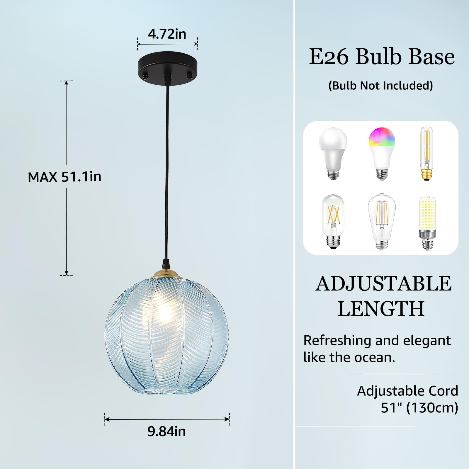 Lámpara colgante de cristal azul, lámpara colgante con pantalla de globo grande de 9.8 pulgadas, lámpara colgante de bola de vidrio soplado a mano para isla de cocina, escalera, comedor, sala 2