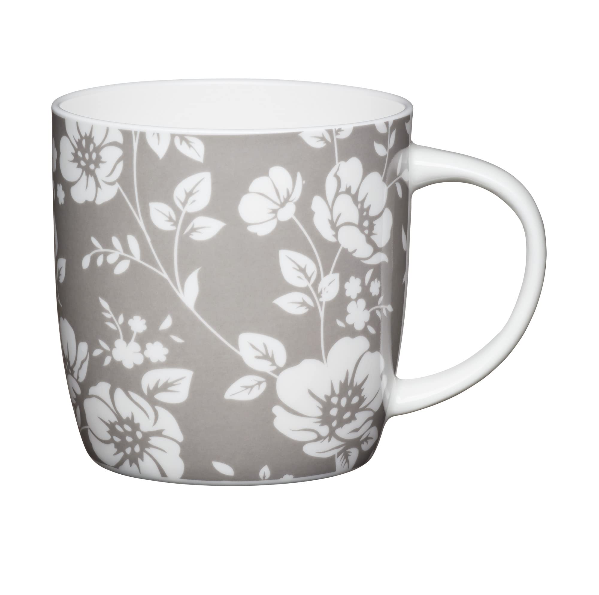Kitchencraft Grey/White Fine Bone China ' Floral' Flower-Patterned Barrel Mugs, 425 Ml - / (Set Of 4)