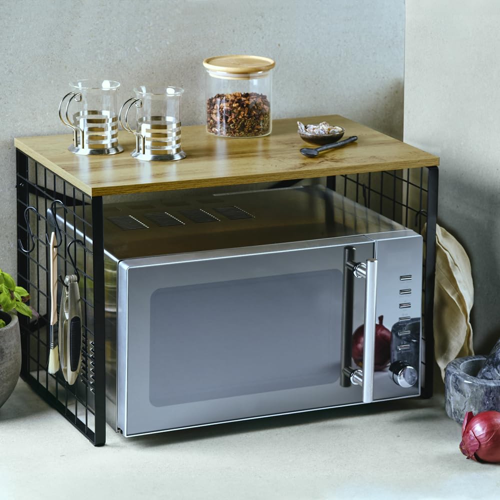 Kesper | Regał do kuchenki mikrofalowej, materiał: dekoracja dębowa/metal, wymiary: szer.: 52 x głęb.: 32,5 x wys. 36,5 cm, kolor: czarny/naturalny| 27831