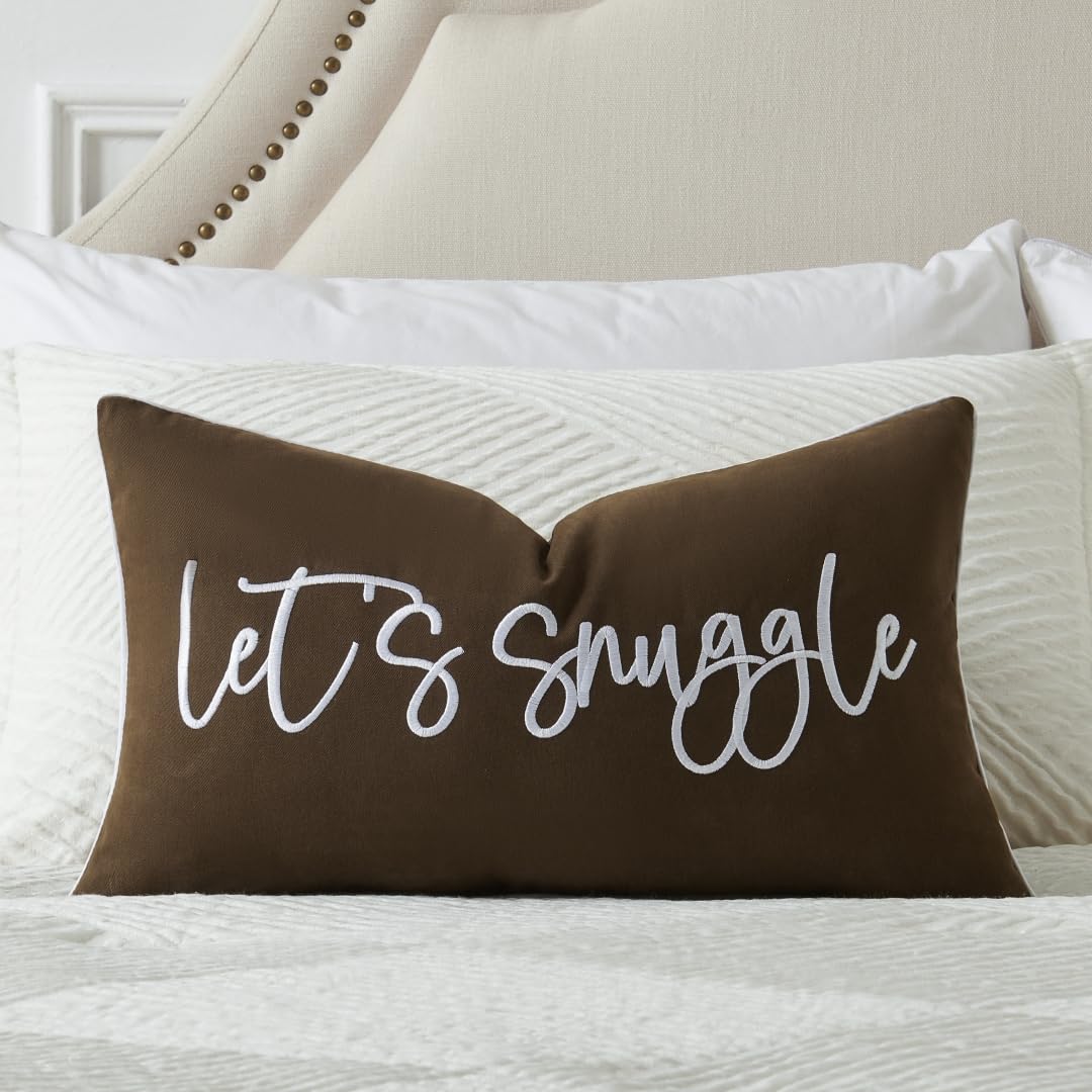 Sunkifover Men's Brown Let's Snuggle Decorative Lumbar Pillow Cover - 12X20 Inch And White Cotton Embroidery Throw Pillowcase For Bed, Bedroom, Living Room, Home Decor