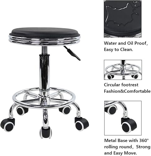 Miniatura 6 de KKTONER - Taburete redondo con reposapiés de piel sintética altura ajustable estilo industrial moderno estilo de metal giratorio para salón de spa