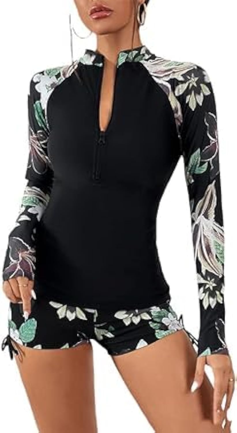 Womens 2 Piece Swimsuits Tankini UPF 50+ Rash Guard Floral Long Sleeve Zipper Swim Shirt with Shorts Bathing Suit Tops Swim Pants for Women Surfing Bodysuit Athletic Swimwear Set - XL