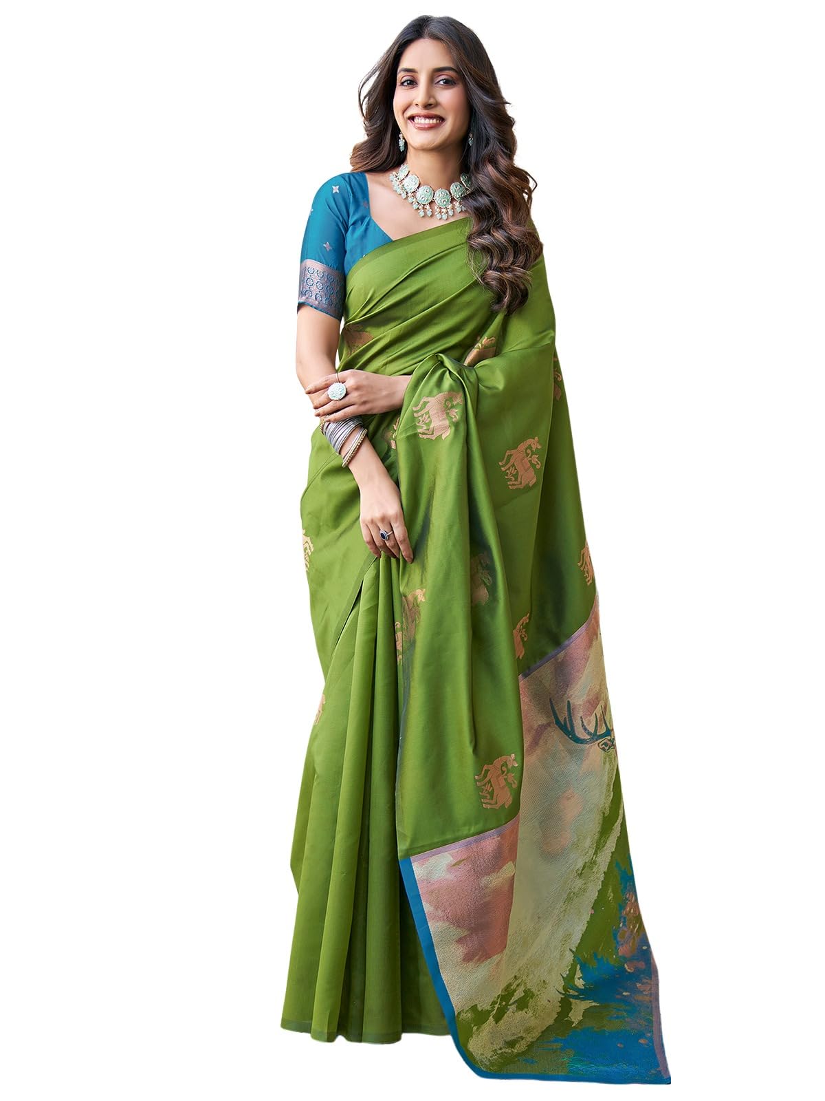 Satrani Women's Banarasi Silk Jacquard Saree With Unstitched Blouse Piece (3697S117N_Green)