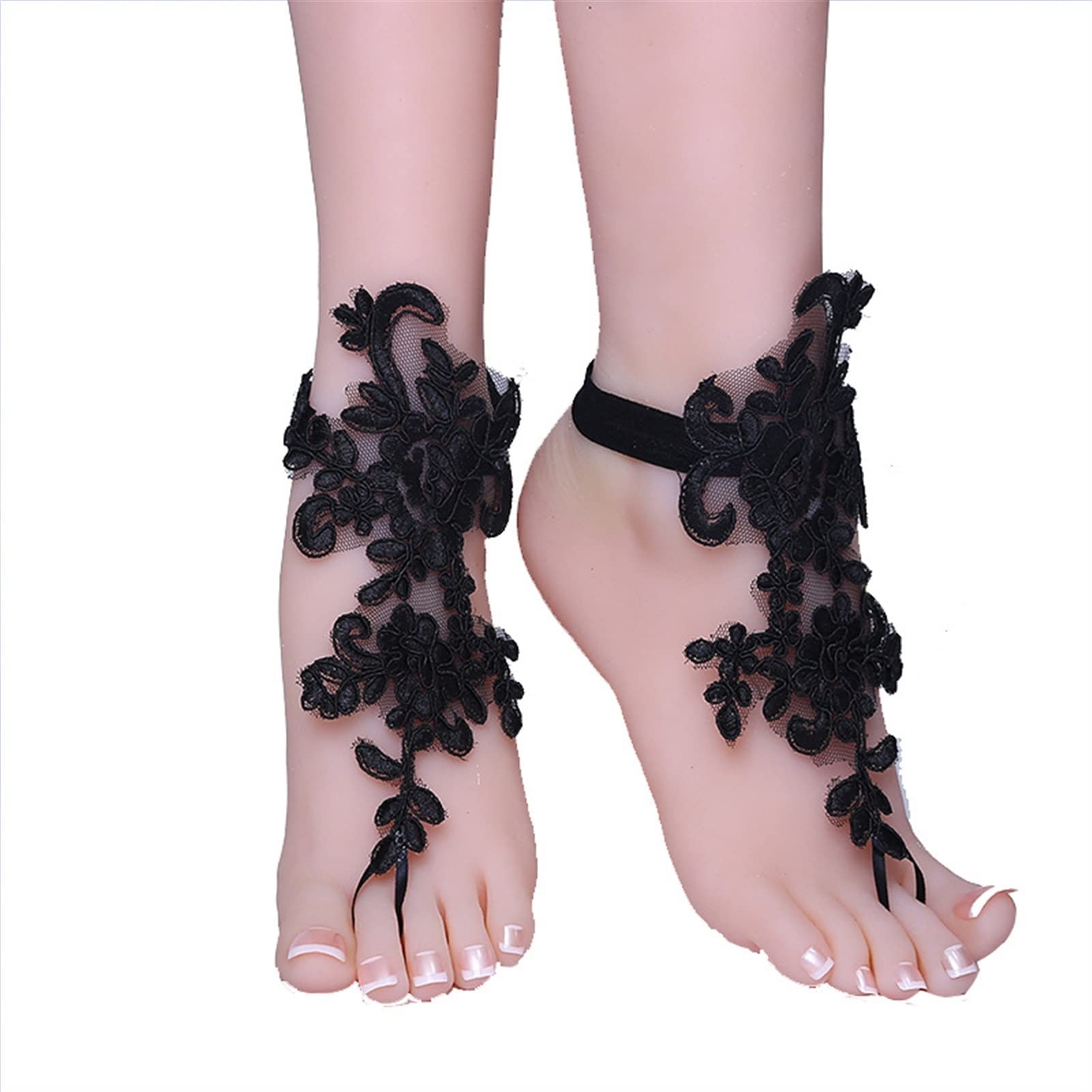 Fußkettchen, Braut-Fußkettchen aus schwarzer Spitze – Zubehör für Hochzeitsfotografie-Requisiten – Barfuß-Strandschuhe – Einheitsgröße (Größe 36–40). Damen-Fußkettchen