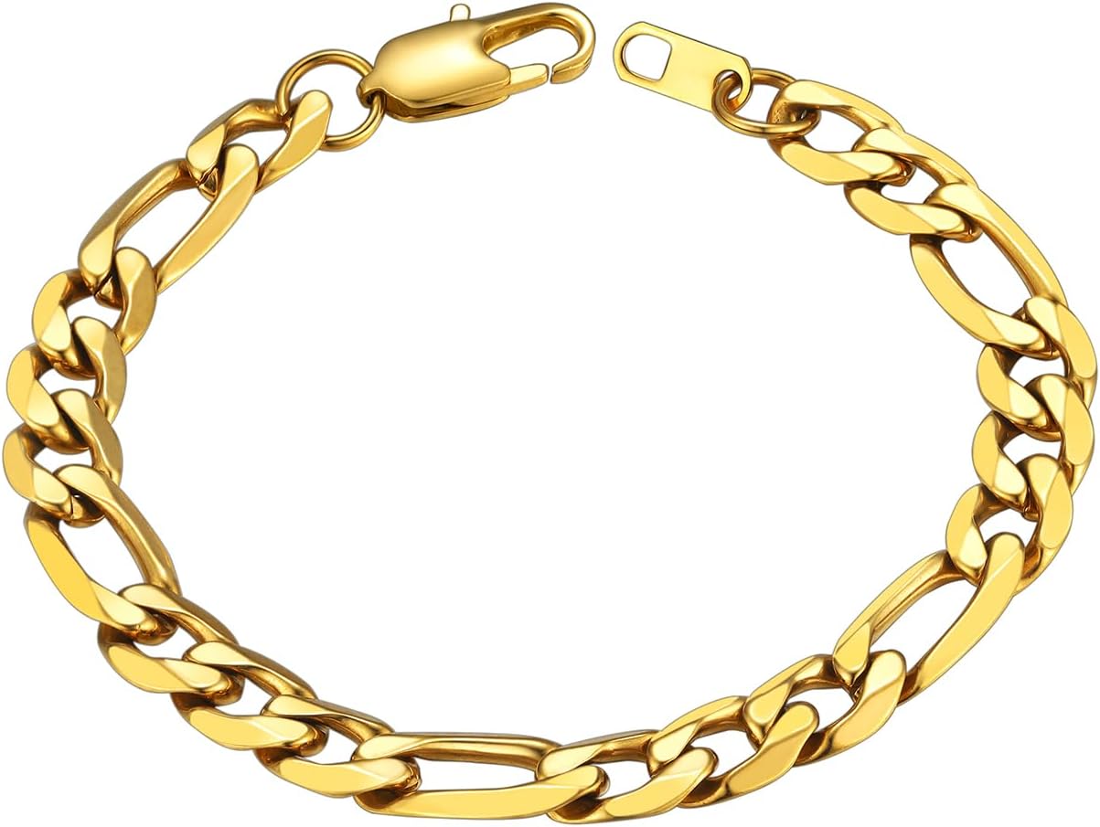 ChainsHouse Figaro Link Chain Bracelet, Mens Gold Bracelet Stainless Steel/Black/14K Gold Plated Wrist Figaro Bracelets for Men Women, 6MM-13MM, 7.5″/8.3″, Send Gift Box
