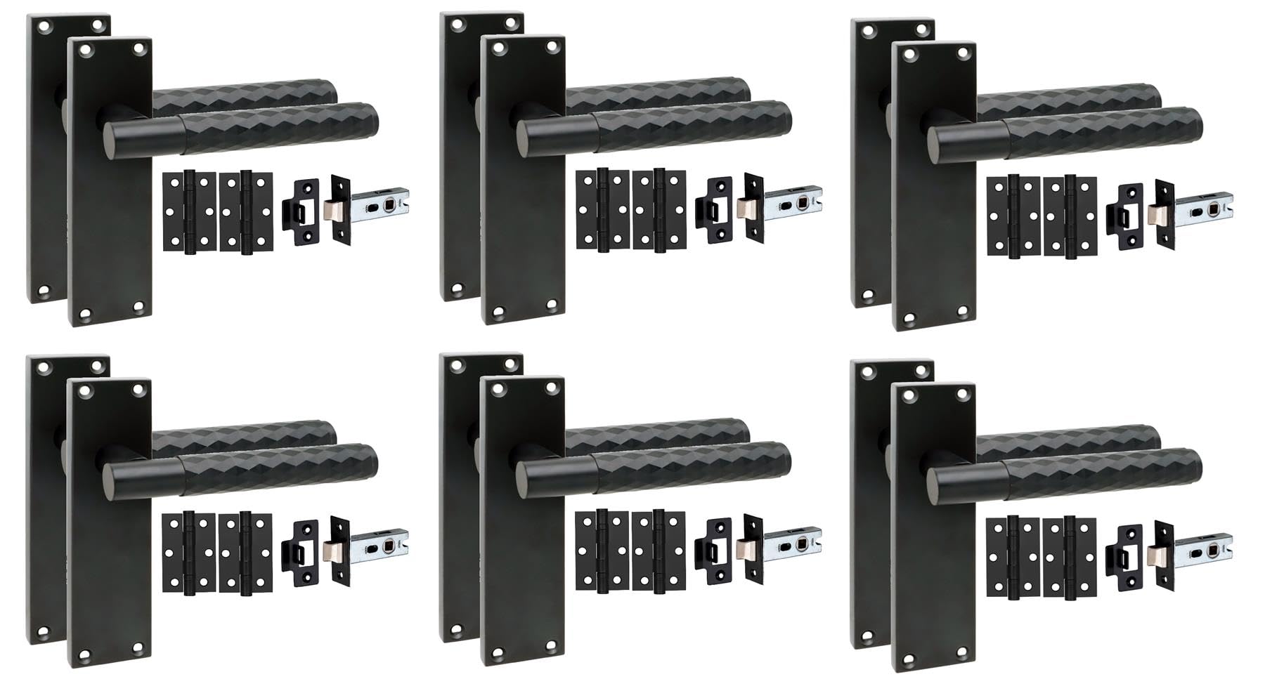 Golden Grace 6 Pairs Victorian Knurled Diamond Cut Door Handle Matt Black With 2.5" Latch & Hinges150mm X 40mm from B&Q