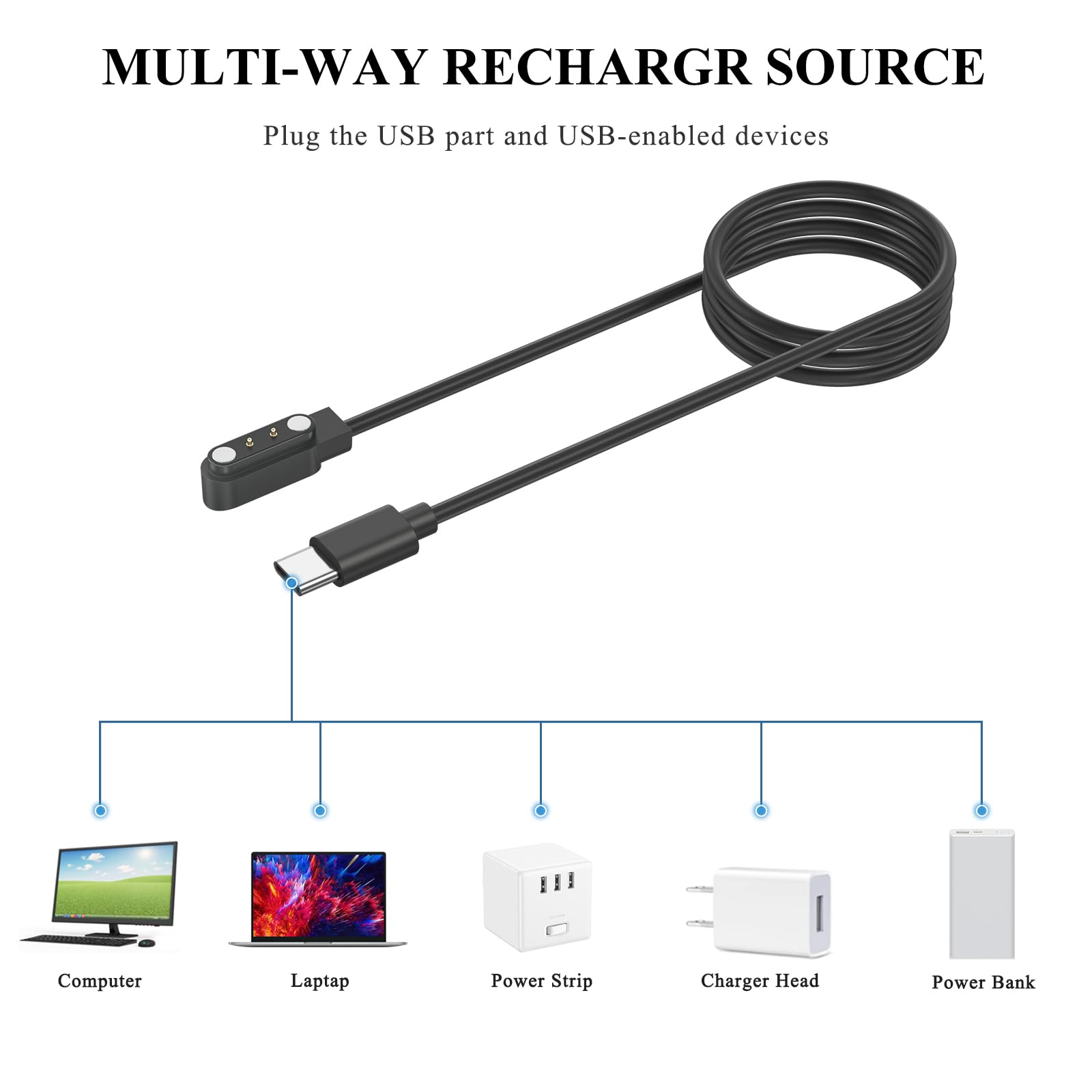 Uniwersalny kabel do ładowania SmartWatch, 4mm Uniwersalny magnetyczny dodatek do SmartWatch, kabel ładujący 2-biegunowy, odległość między stykami ładowania 4mm (4mm)