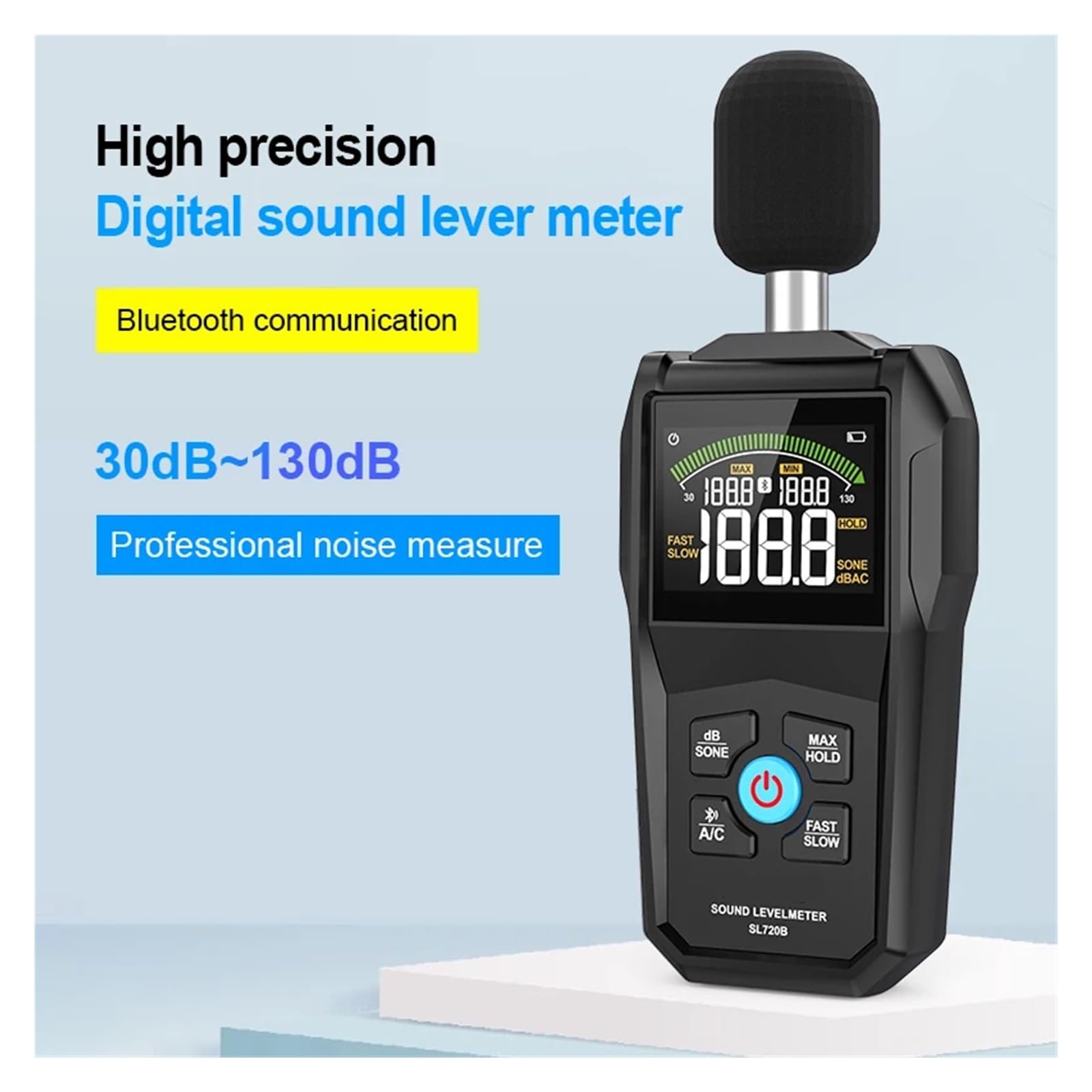 Geräuschpegelmesser, Farbdisplay, schnelle und langsame Abtastrate, Kondensatormikrofon-Monitor, 30–130 dB, Hintergrundbeleuchtung
