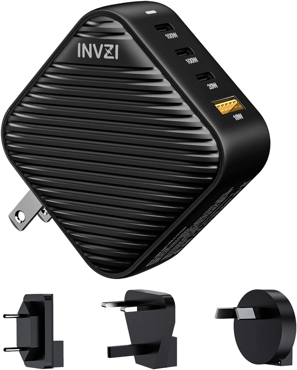 INVZI 100W USB C Multiport Charger,GaN III 4Port USB Fast Charger Station Power Adapter with EU/UK/AU Adapter for MacBook Pro Air,iPad Pro,Dell XPS,Galaxy S21/S20,iPhone 13 12/12 Pro,Note 20/10+,Pixel