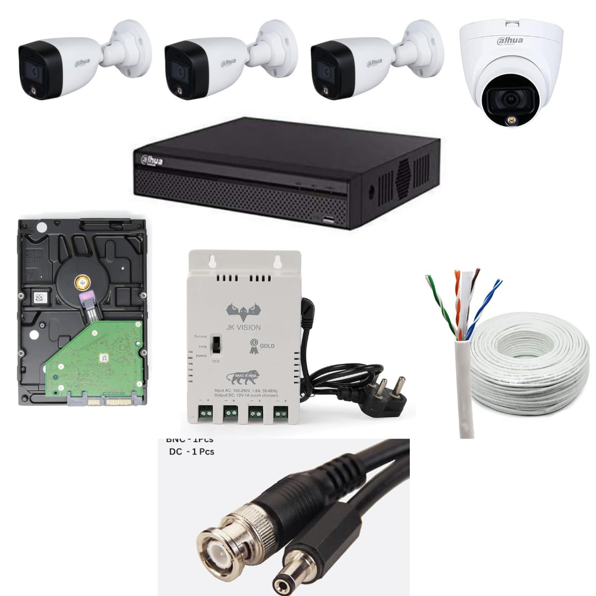 Dahua 2MP with Color HD with Audio CCTV Camera Full Set, 3 Bullet, 1 Dome, 4 Channel DVR, 4 Channel JK Vision Power Supply, 1TB Hard Disk, 90 Meter Cable, BNC/DC Connector