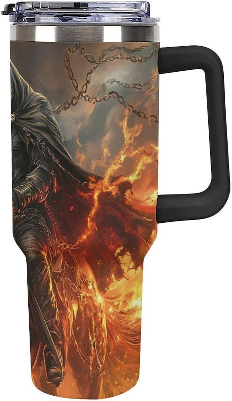 Grim Reaper in Horse Flames 40 Oz Tumbler with Handle And Straw Insulated Stainless Steel Travel Coffee Mug Car Cup