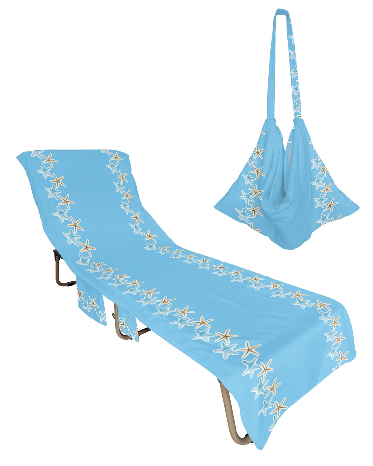 Starfish Blue Beach Chair Towel Covers for Chaise Lounge with Side Pocket, Soft Plush Pool Towels Cover for Patio Sunbathing Outdoor 29''x85'' Ocean Summer Beach Sea Nautical Theme
