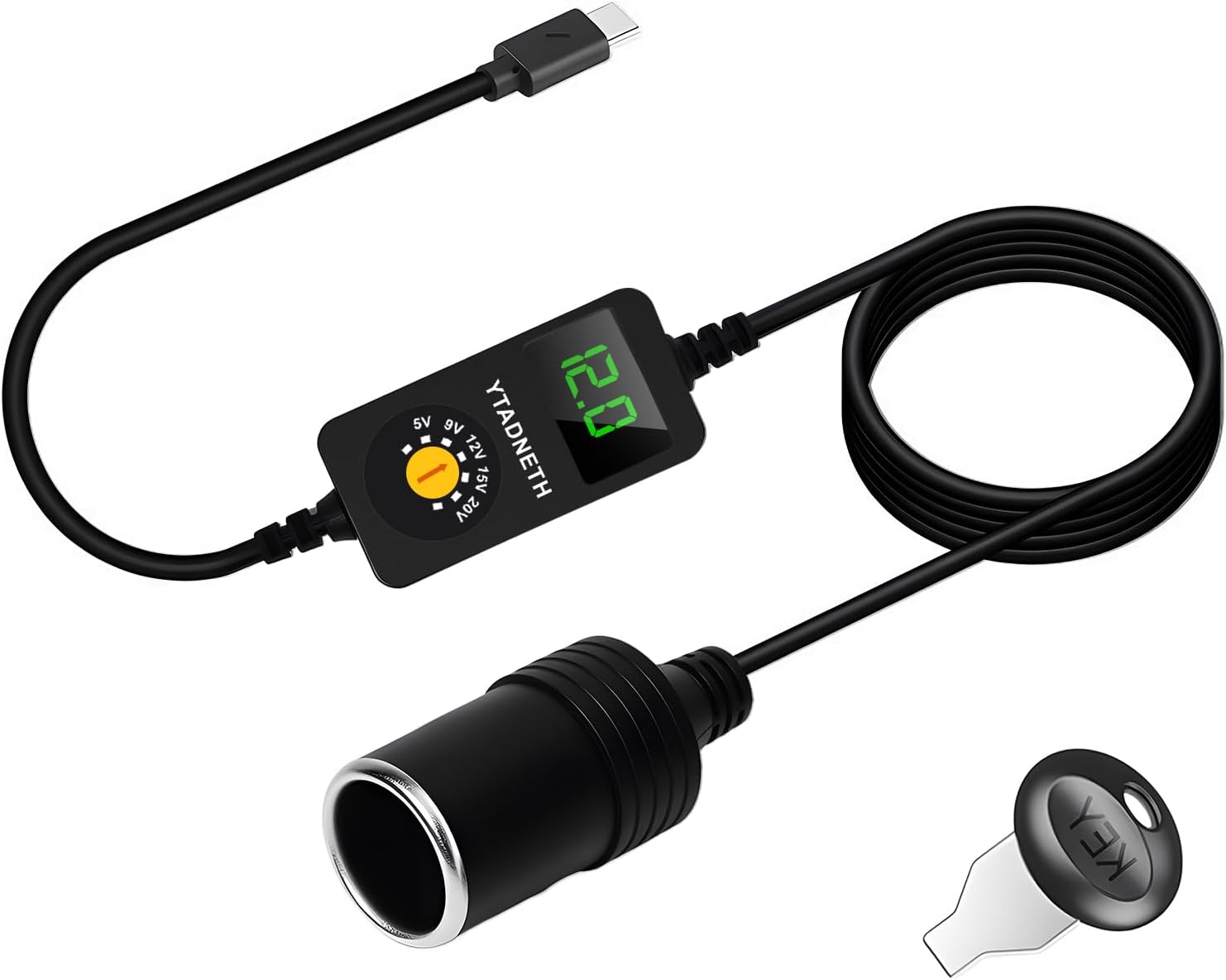 USB C to 5V 9V 12V 15V 20V Cigarette Lighter Adapter, USB C Male to Cigarette Lighter Female Socket, PD Trigger Cable with LED Display Voltage, for Dash Cam, GPS, Car LED Light Strips (3.93 FT)