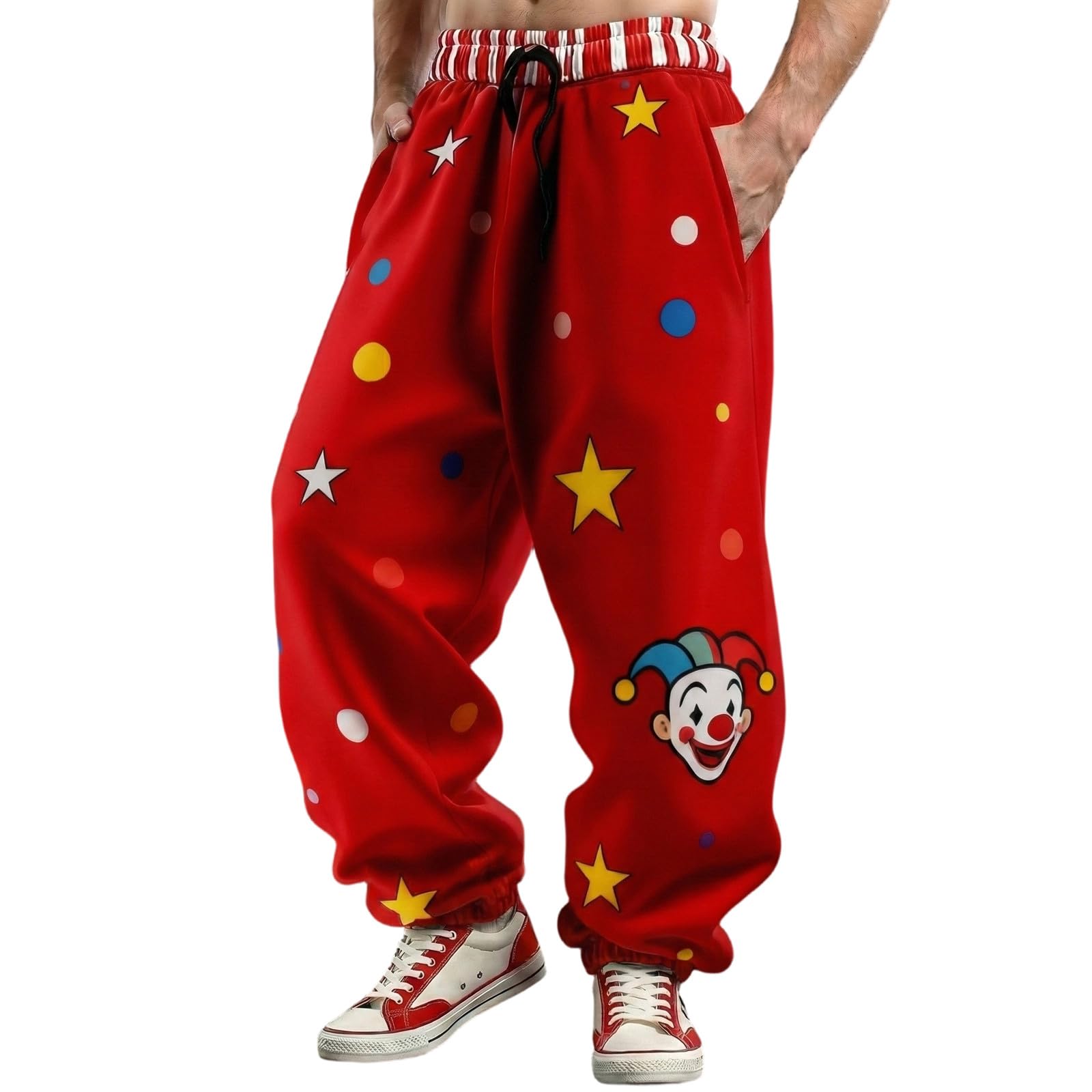 Générique Men's Harem Pants Clown Costume Carnival Clown Trousers Lapel Pattern Elastic Waist Casual Jogging Bottoms Pyjama Bottoms Baggy Pants, B Red, L
