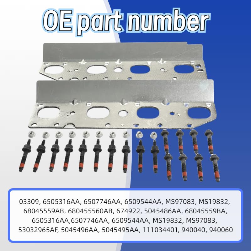Image of Exhaust Manifold Gasket with Bolt & Nuts Set fit for Dodge Ram 1500 2500 3500 Jeep Charger Grand Cherokee 5.7L V8 2009-2020 6507746AA 6505316AA