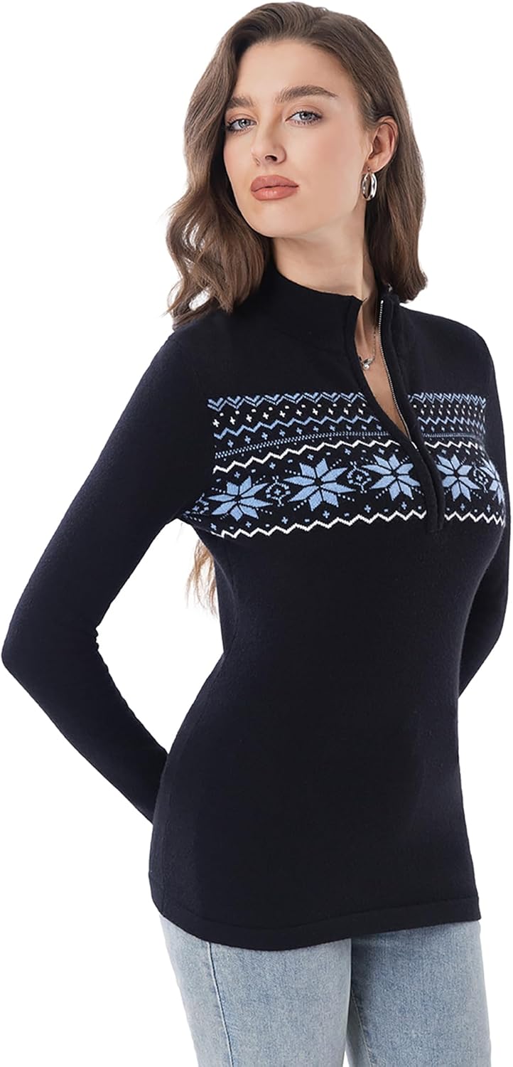 AmélieBoutik Women Fair Isle Quarter Zip Pullover Sweaters Long Sleeve Collared Fitted Knit Tops