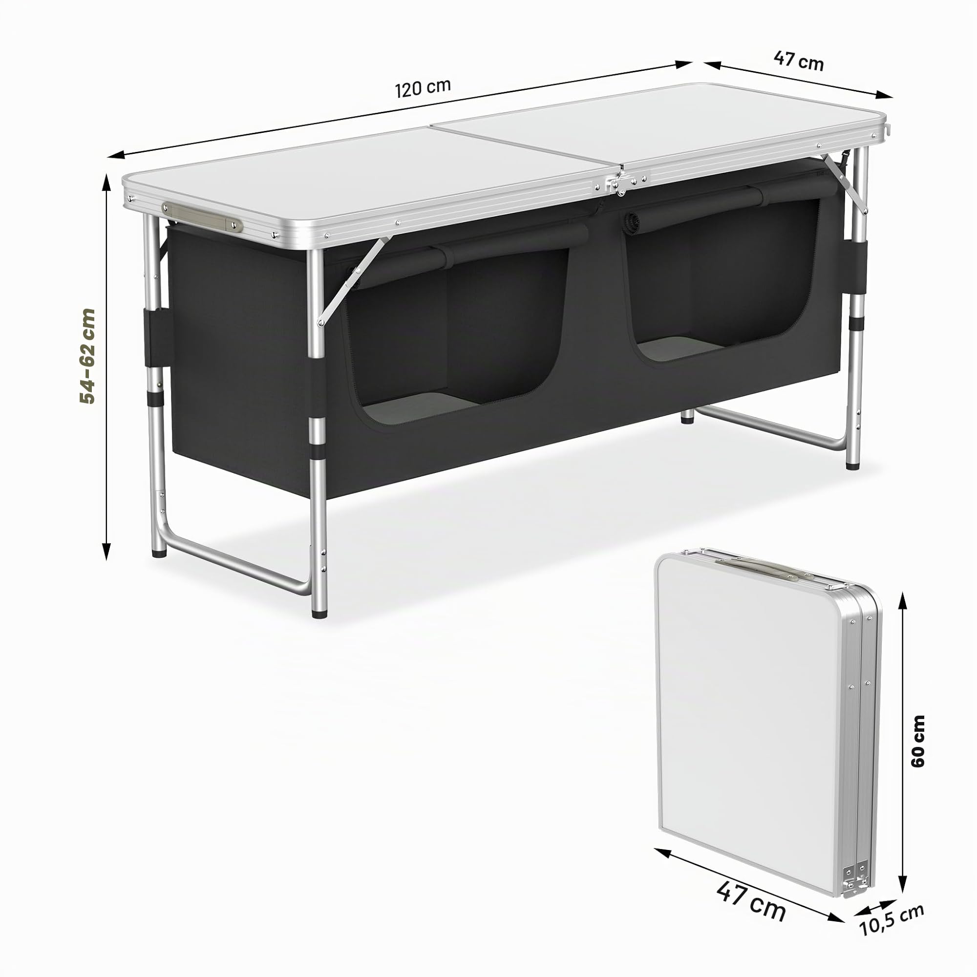LZQ Cuisine de camping mobile avec espace de rangement - Armoire de camping compacte pliable avec plan de travail et sac de transport - Armoire d'extérieur légère en aluminium - 120 x 47 x 62 cm