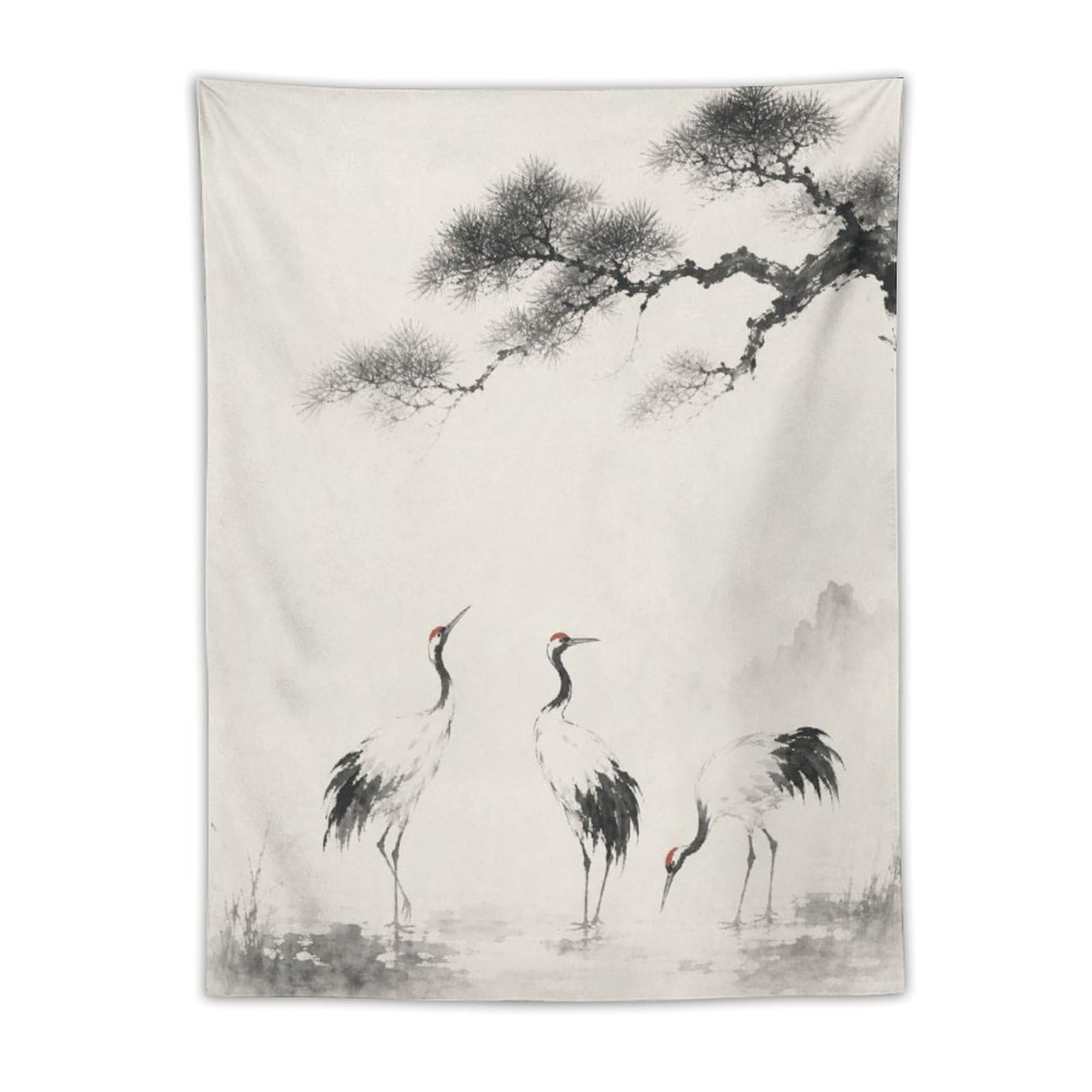 H3B8U2Y5 Cranes in Mist Wall Tapestry, Asian Ink, College Dorm