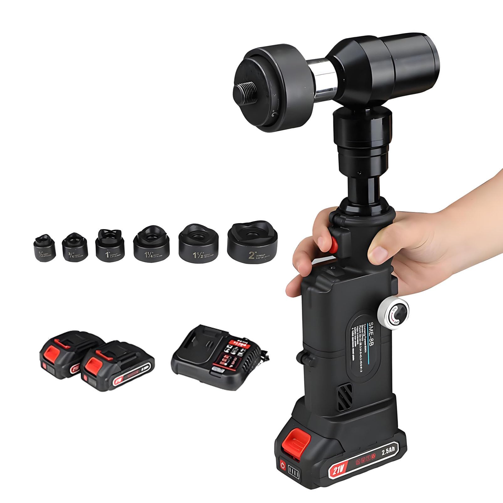 BOOZXCV 22mm Stroke Hydraulic Punch Tool, Automatic Pressure Relief with 6 Dies (Φ22-60mm) & 21V 2x2500mAh Battery, Cordless Metal Hole Punch for Q235 Steel