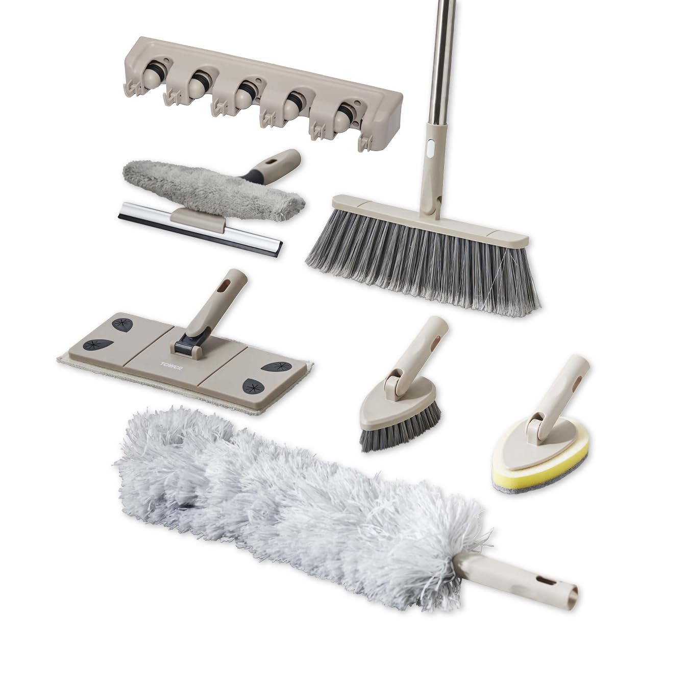 Tower Cavaletto 8 Piece Cleaning & Storage Set with Three Part Handle, Flat Mop Head, Broom Head, Microfibre Duster, Window, Tile, Scrubbing & Wall Holder, Latte