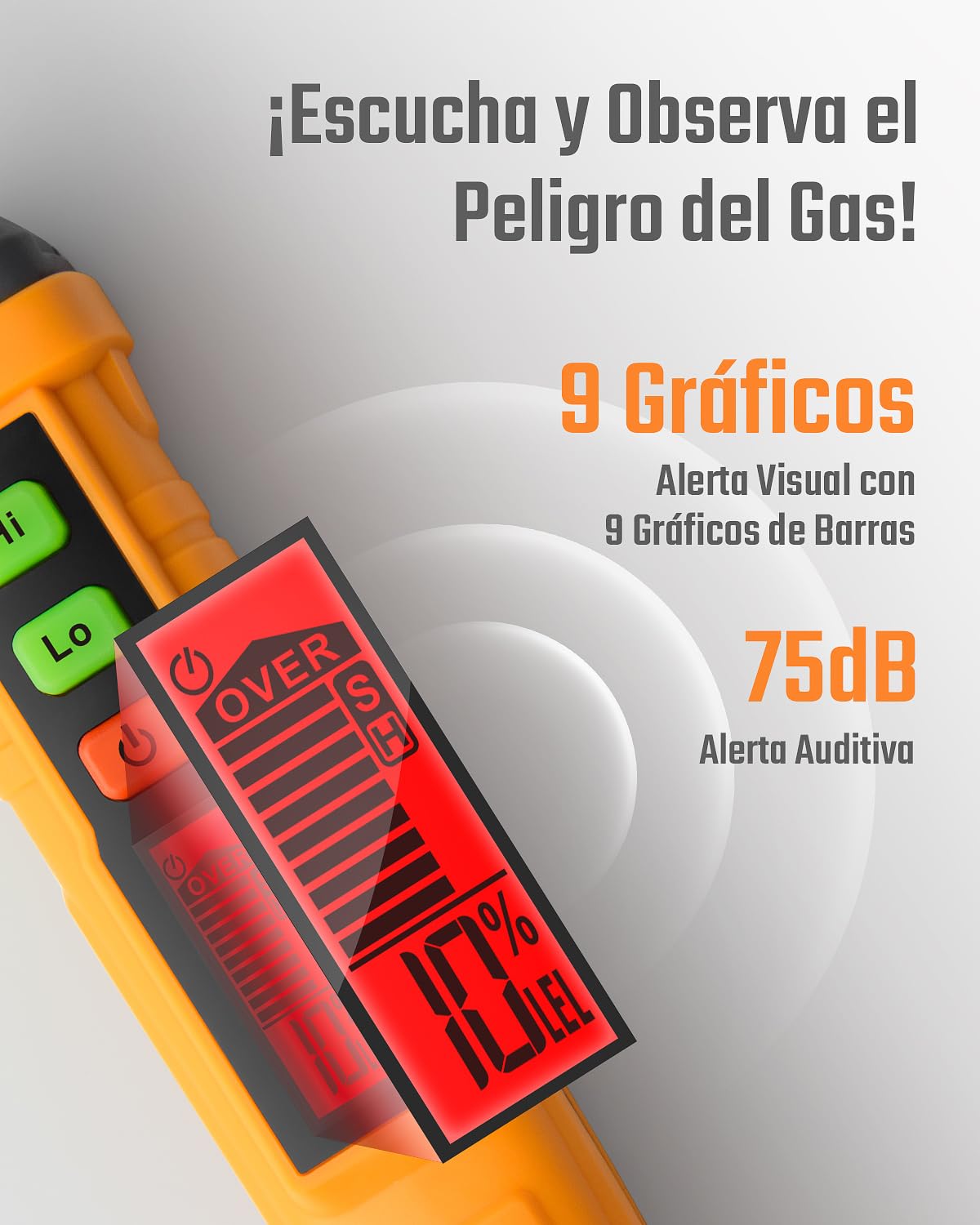 Detector de Gas Natural, TopTes PT210S Detector portátil de Fugas de Gas con sonda de 4 Pulgadas para localizar Gases combustibles como Gas Natural, midiendo%LEL (baterías Incluidas) - Naranja