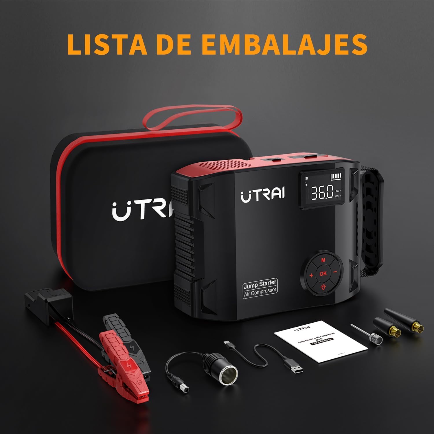 27000mAh Arrancador de Baterías de Coche con Compresor de Aire/18W Carga Rápida/Luz LED de 1600 lúmenes/160W DC out/Pantalla LCD/Carga rápida 3.0(All Gas o 12L Diesel) UTRAI 8000A Jump Starter