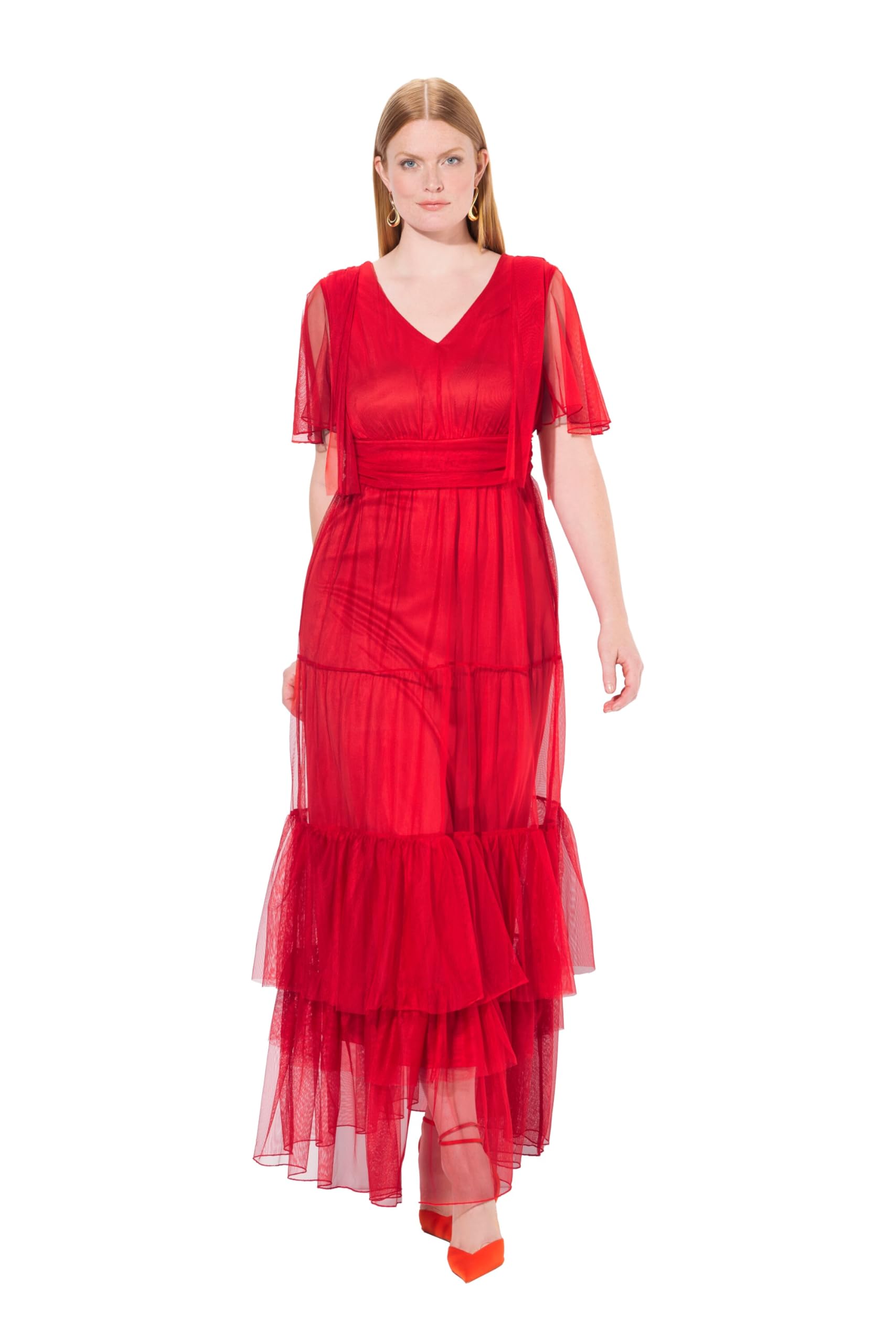 Ulla Popken Damen große Größen Übergrößen Plus Size Maxikleid, Mesh, Drapierung, Fledrmaus-Ärmel 838506