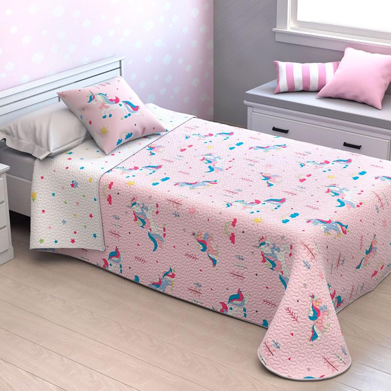 Rufino Díaz Colcha Bouti Infantil de Verano Unicornio + Funda Cojín - Rosa, 105 cm