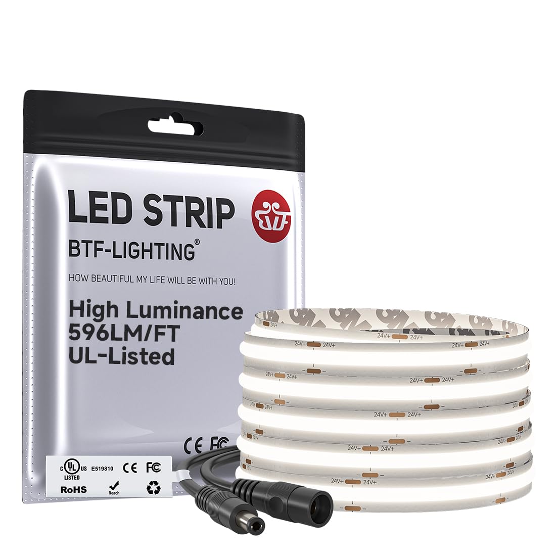 Strisce LED COB 4000K, 5M DC24V Strisce LED Bianco Naturale con 480LED/M, CRI 90+, larghezza 8mm, luci uniformi, luci led COB per camera da letto, decorazioni per la casa (alimentatore non incluso
