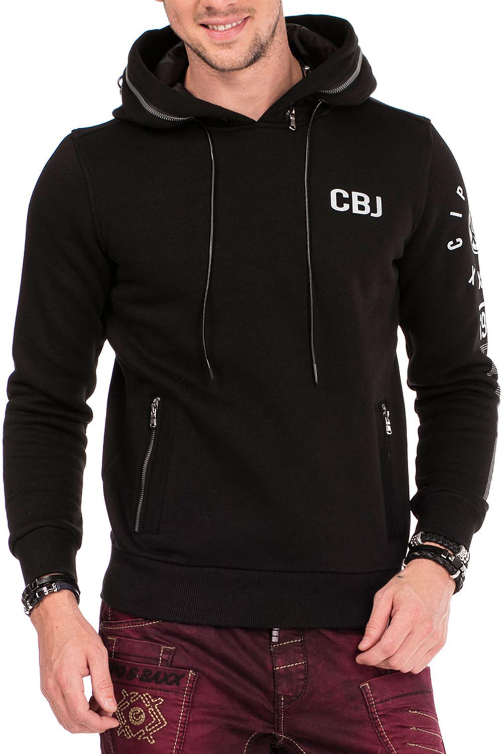 Cipo & Baxx Men's sweatshirt double hood hoodie sweatshirt hoodie kangaroo pocket with zip pullover label print leather look, black, M