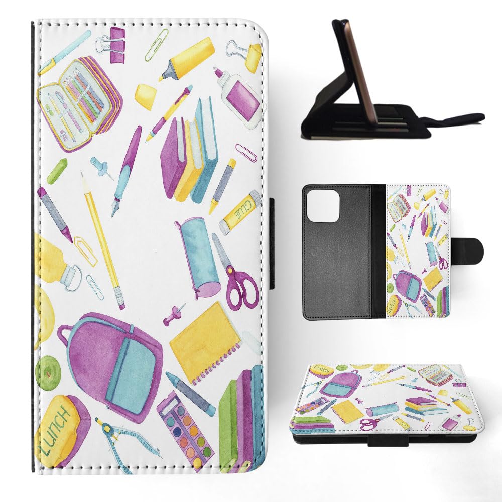 Watercolor School Stuff Art FLIP Wallet Phone CASE Cover for Apple iPhone 15 PRO MAX