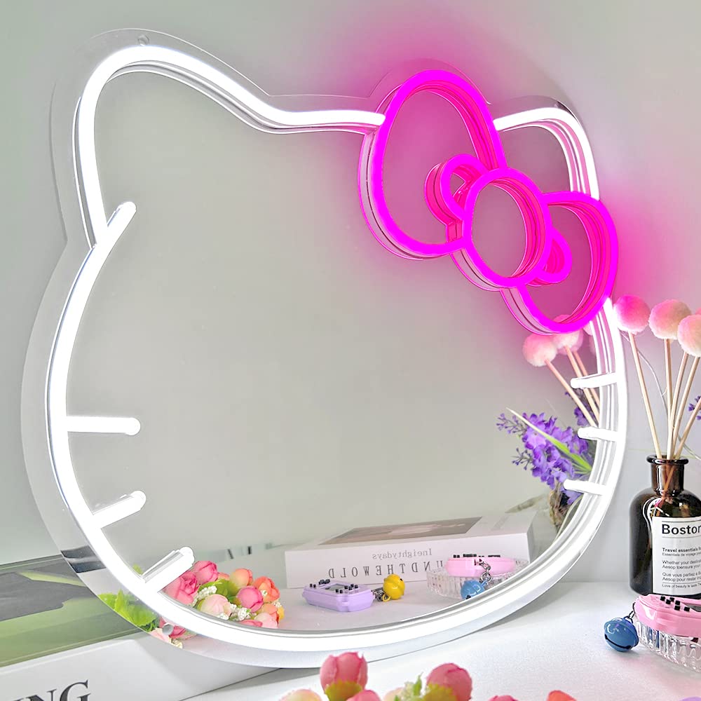 COLORNEON Bedroom Wall Mirror, Anime Hello Kit Cat Neon Sign for Dresser, Locker Room, Living Room, Kid Room, Hallway Neon Light up Mirror with Dimmable LED Strip Light for Children's Day Gift 41x36cm