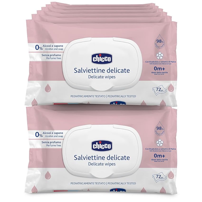 Chicco Salviette Neonato Delicate Detergenti Multiuso Con Clip, Senza Alcool, Adatte per Pelli Sensibili, Megapack da 864 Salviette, 12 Confezioni da 72 Salviettine