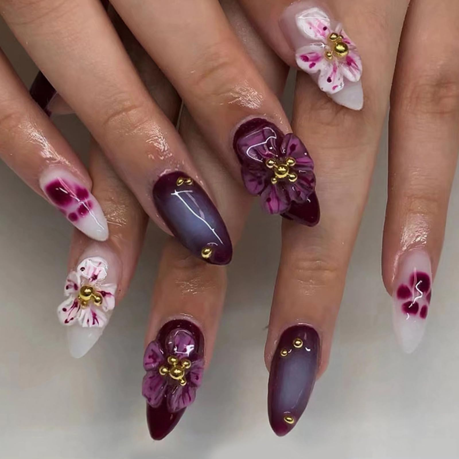 30PCS Blooming Peach Press On Nails with Accessory Tools, Reusable 3D Floral Almond Fake Nails Medium Long
