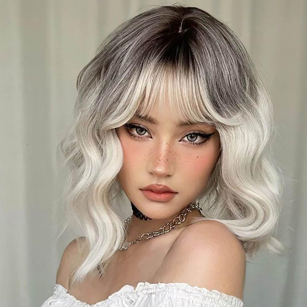 Colorfulpanda Short Platinum Blonde Wavy Bob Wigs with Fringe for Women Shoulder Length Wig Natural Looking Synthetic Hair Ombre Silver Blonde With Dark Roots For Daily Wear or Costume