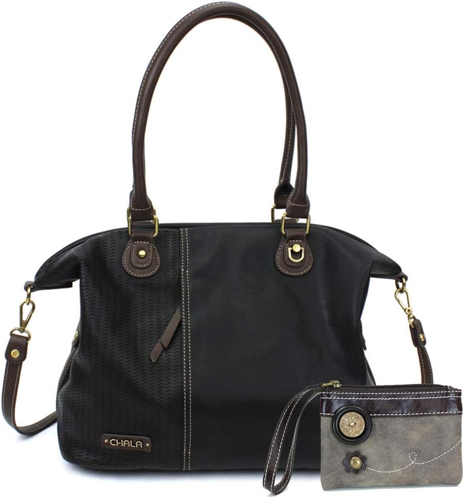 CHALA Handbags Black LaserCut Totes Shoulder Purse with Double Zip Wallet Combo (Black Tote + Gray Double Zip Wallet)