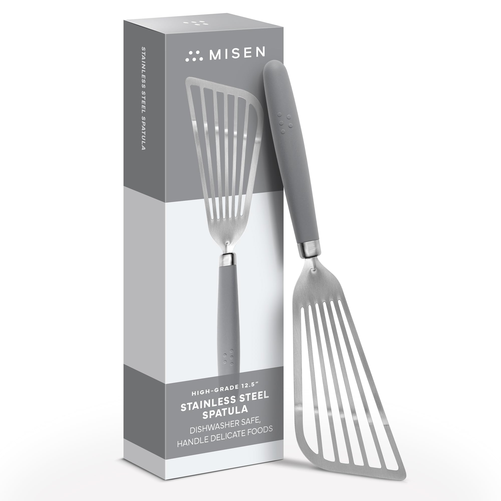 Misen Fish Stainless Steel Spatula - Slotted Turner for Cooking - Perfect for Frying - Heat Resistant - Dishwasher Safe -1mm Thick Flexible Flipper - Soft Silicone Grip Handle for Easy Use