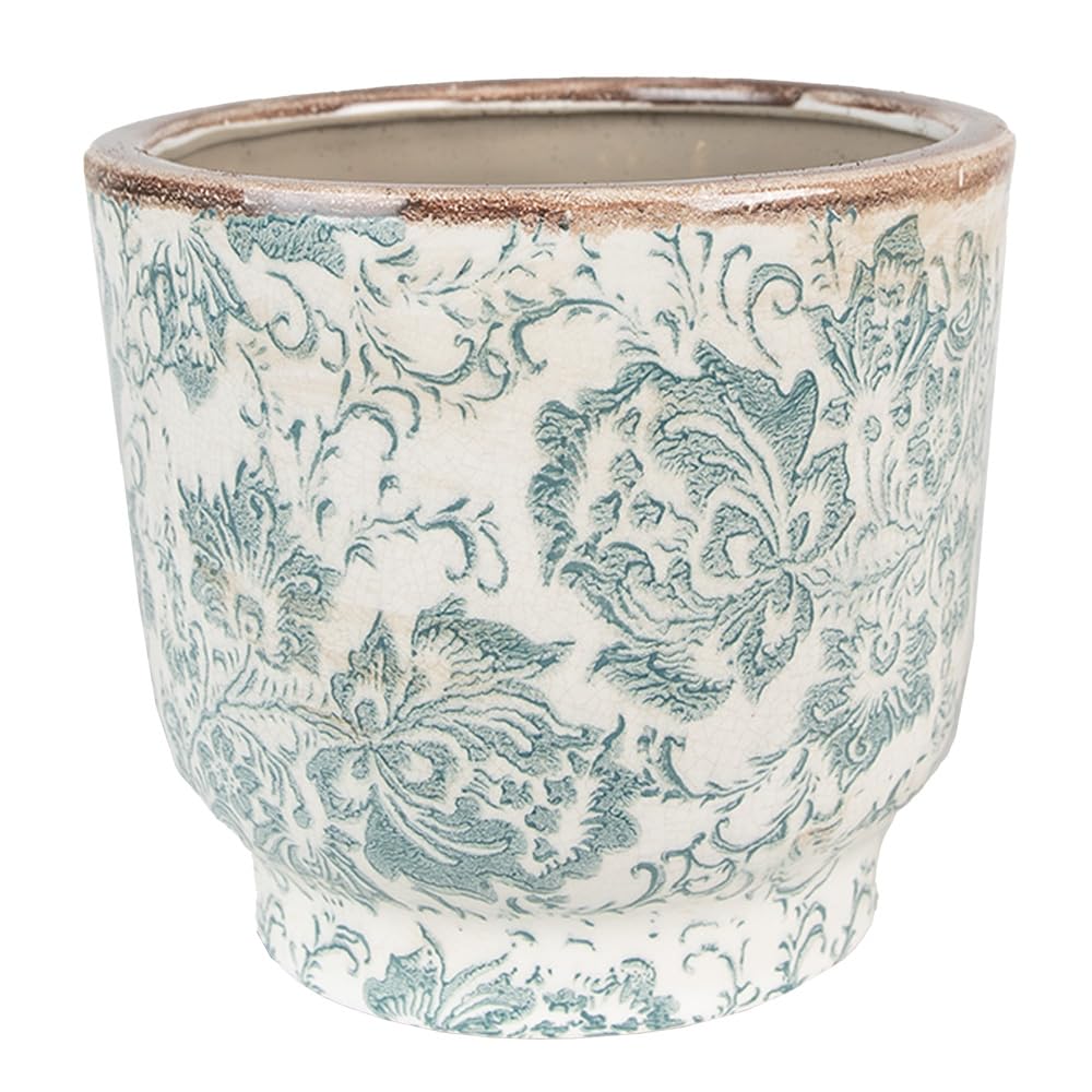 Clayre & Eef Blumentopf Keramik – 13x12 Cm, Beige Mit Blauem Olivenmuster, Innentopf Für Pflanzen