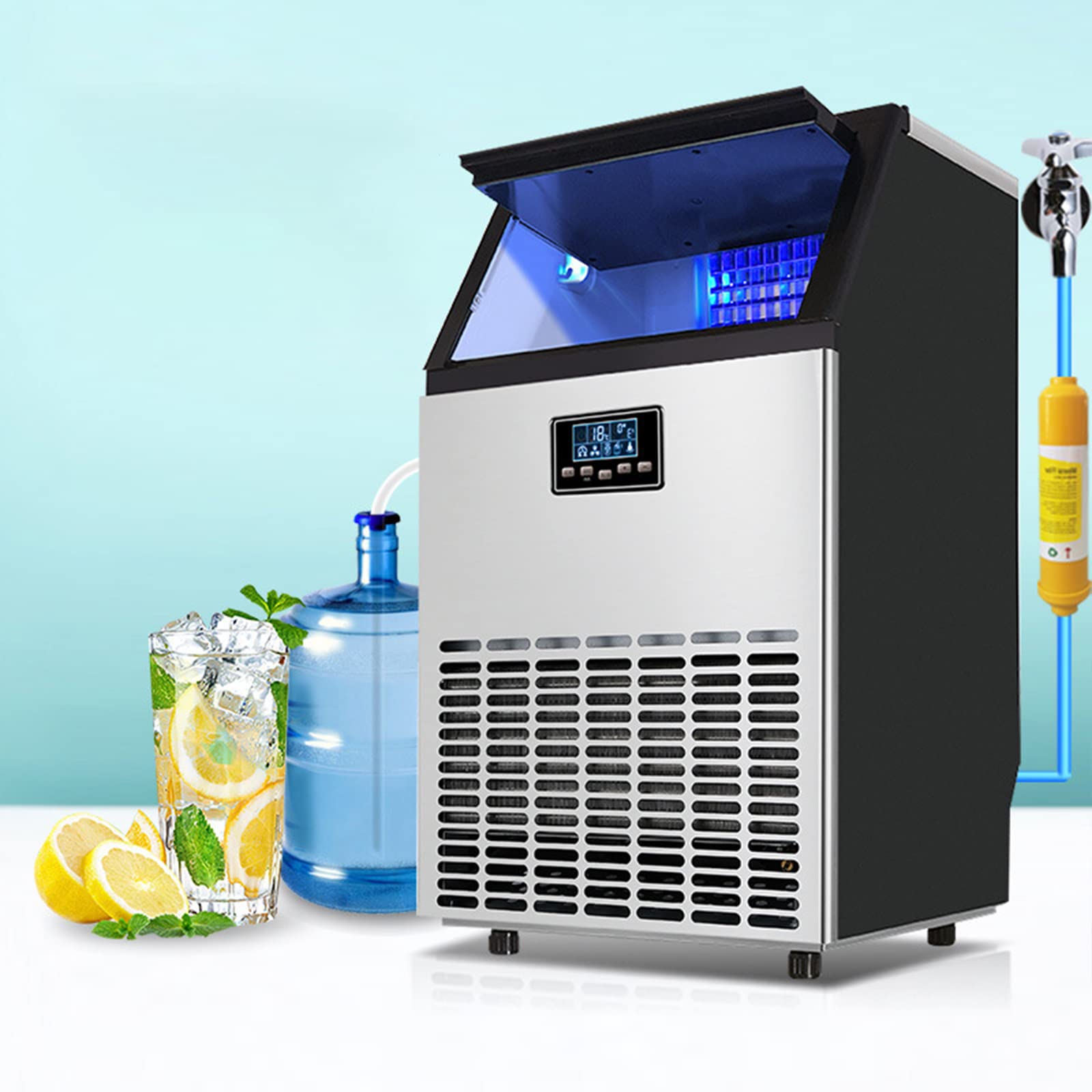 Fabricador de Hielo Comercial, máquina de Hielo Inteligente 55 kg Entrada de Agua automática Hielo Panel de Control LCD Inteligente Grande para Oficina en casa Bar Tienda de té con Leche (80 k