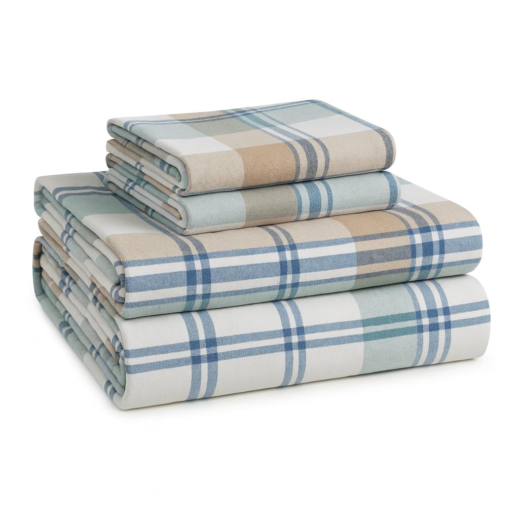 LANE LINEN Cotton Flannel King Size Bed Sheets Set - Brushed for Extra Softness - Lightweight & Durable Cotton Flannel King Sheets Set - Warm Winter Bed Sheets with 15" Deep Pocket - White Plaid