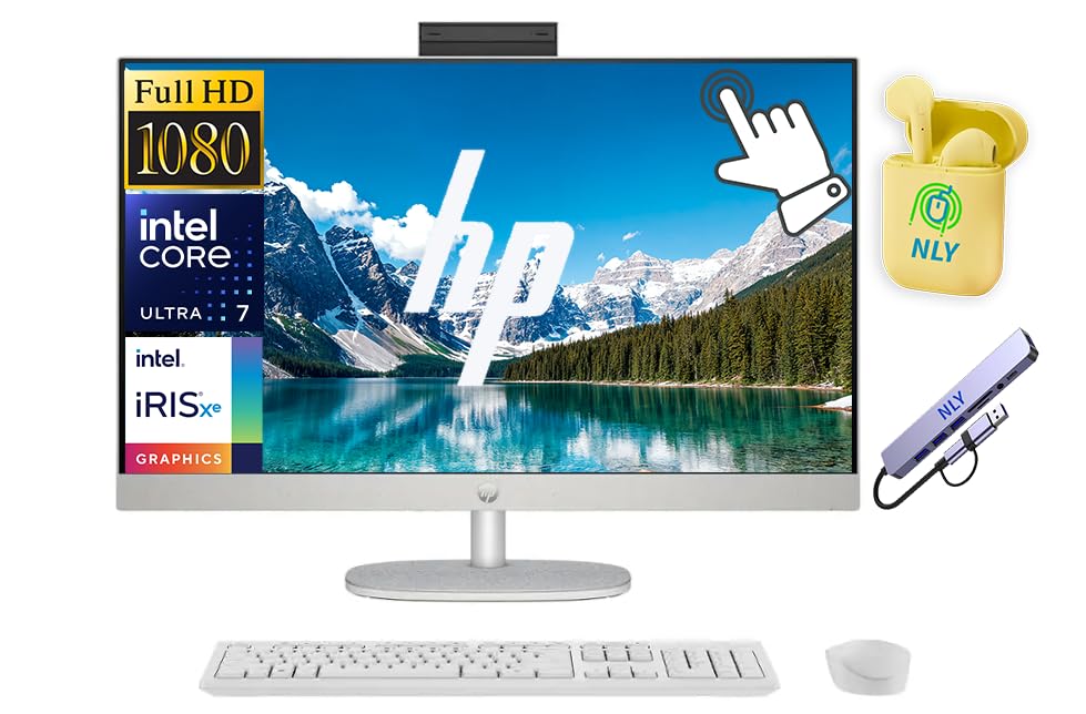 Image of HP 27 inch FHD Touchscreen All-in-One Desktop Computer, Intel 12-Core Ultra 7 155U, 8GB RAM 512GB Storage (256GB SSD+256GB Docking Set), Windows 11, Wireless Keyboard & Mouse, NLY Earphones, White