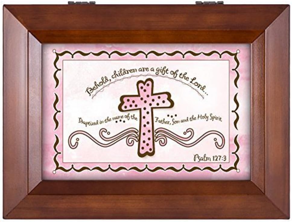 Cottage Garden Baby Girl Baptism Cross Wood Finish Jewelry Music Box - Plays Tune You are My Sunshine