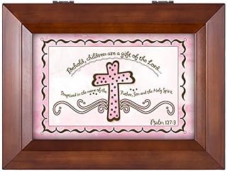 Cottage Garden Baby Girl Baptism Cross Wood Finish Jewelry Music Box - Plays Tune You are My Sunshine