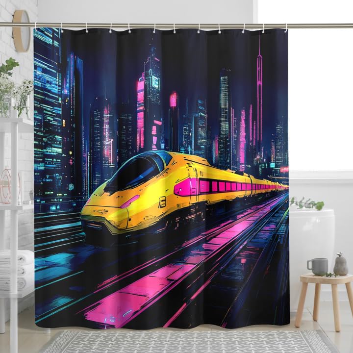 Futuristic Train Shower Curtain, Neon Yellow and Peach Train Shower Curtain for Bathroom Decor, Modern Tech Punk Style Waterproof Fabric Shower Curtain Set with Hooks 72x72 Inch